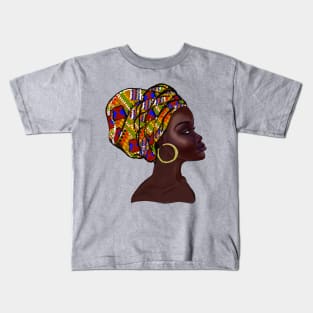 Afro queen With Kinte headwrap- Mahagony brown skin girl with thick glorious, curly Afro Hair and gold hoop earrings Kids T-Shirt